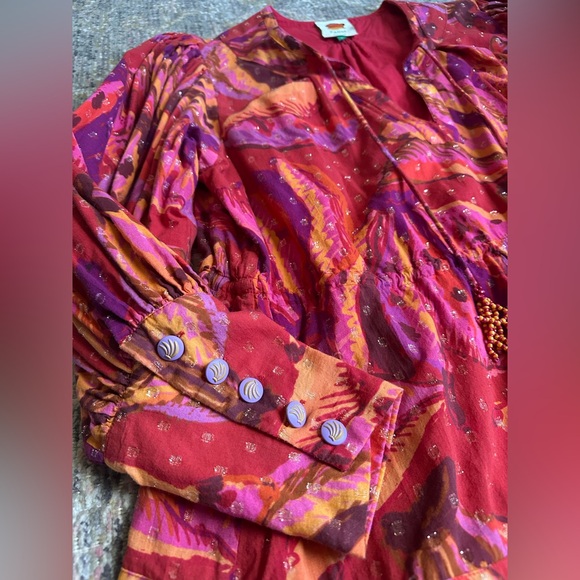 Farm Rio Long Sleeve Mini Dress Banana Juice Print Pink Beaded Drawstring Large - Picture 9 of 14